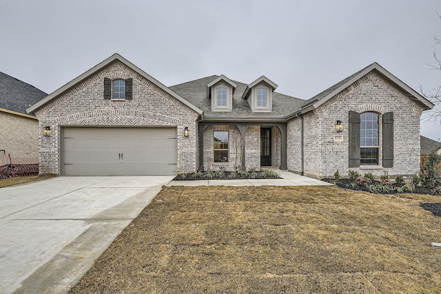 french country style house with a garage and a front yard