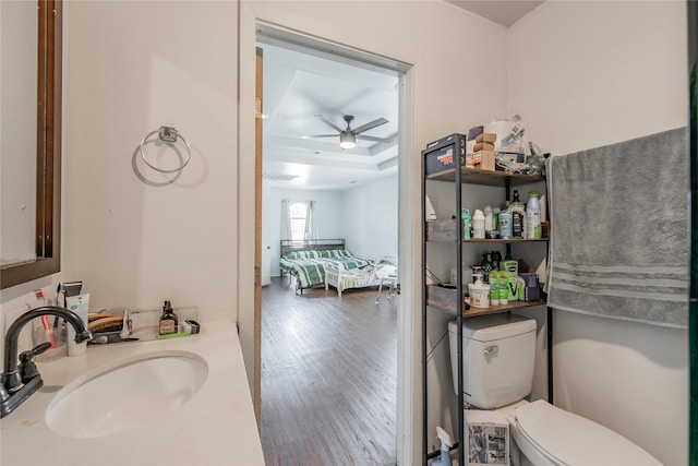 5613 Graham St, Sansom Park, TX 76114 - half bathroom featuring a sink, toilet, a ceiling fan, wood finished floors, and a raised ceiling