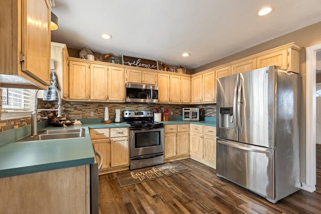 kitchen featuring appliances with stainless steel finishes, backsplash, dark hardwood / wood-style floors, and light brown cabinetry