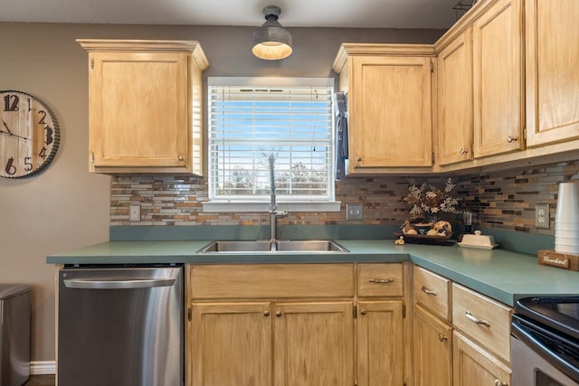 kitchen featuring decorative backsplash, light brown cabinetry, sink, decorative light fixtures, and dishwasher