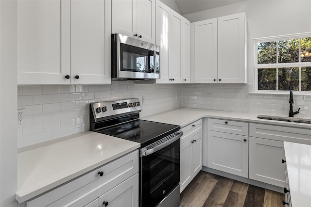 kitchen with white cabinetry, sink, stainless steel appliances, dark hardwood / wood-style flooring, and backsplash