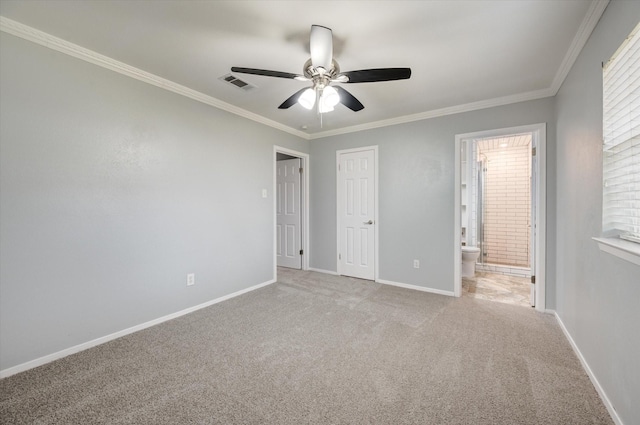 unfurnished bedroom with light carpet, ceiling fan, and ornamental molding