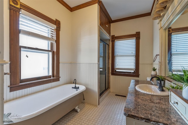 bathroom featuring vanity, shower with separate bathtub, and ornamental molding