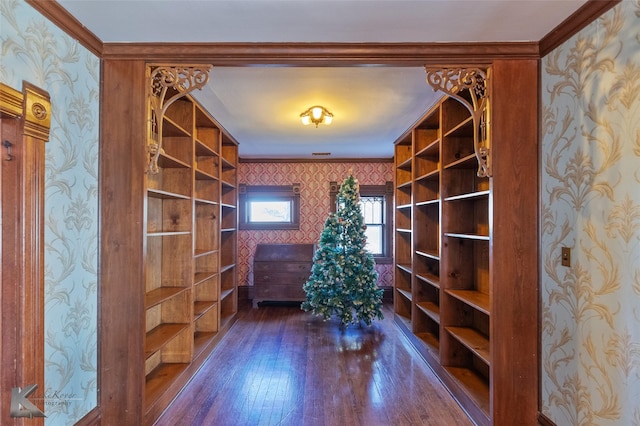 interior space featuring crown molding and dark wood-type flooring