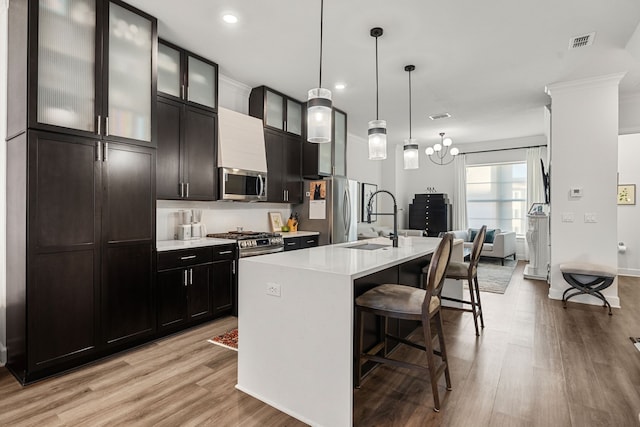 kitchen with a center island with sink, light wood-type flooring, appliances with stainless steel finishes, decorative light fixtures, and a kitchen bar