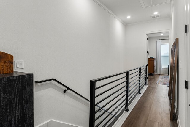 hall with crown molding and dark hardwood / wood-style flooring