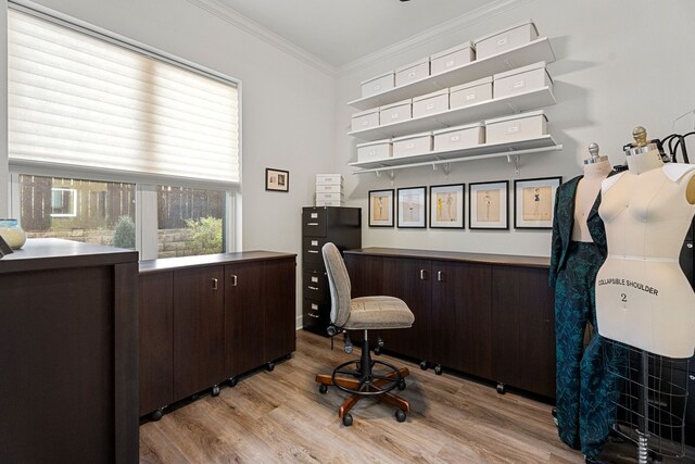 office featuring light wood-type flooring and ornamental molding