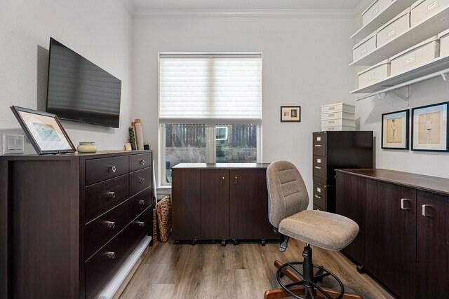 office space featuring ornamental molding and light wood-type flooring