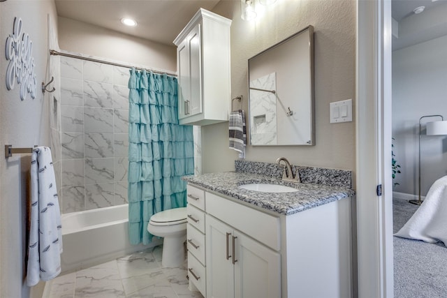 full bathroom with toilet, vanity, and shower / tub combo with curtain