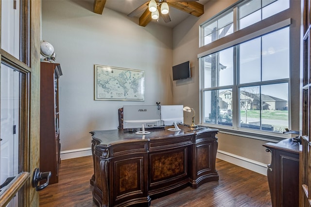 office featuring beam ceiling, dark hardwood / wood-style floors, and ceiling fan