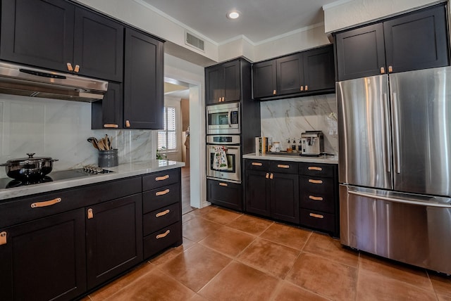 kitchen featuring tasteful backsplash, ornamental molding, range hood, and appliances with stainless steel finishes