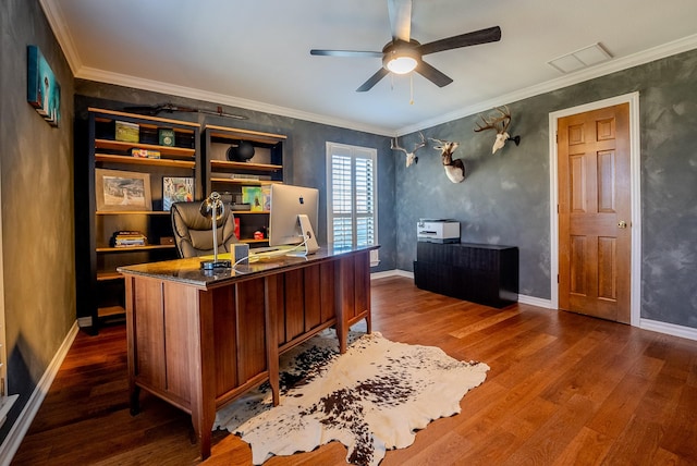 office area with ceiling fan, dark hardwood / wood-style flooring, and ornamental molding