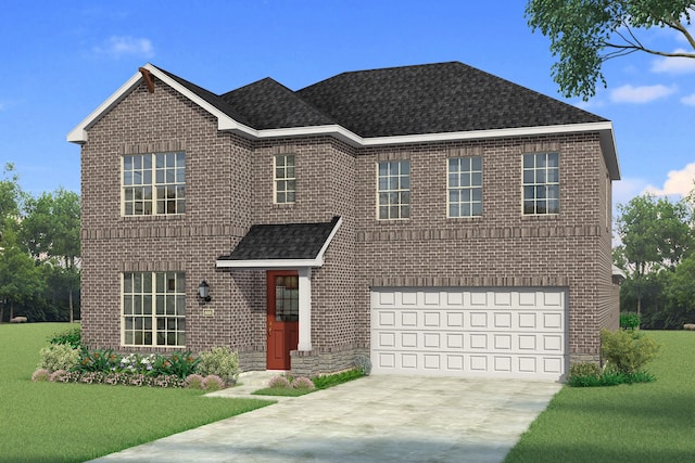 view of front facade featuring a garage and a front lawn