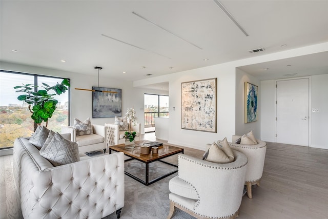 living room with light hardwood / wood-style flooring