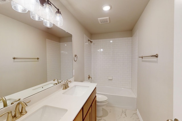5000 Greenbrook Rd, Denton, TX 76226 - bathroom with marble look tile flooring, toilet, bathtub / shower combination, baseboards, and double vanity