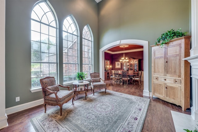 living area with a notable chandelier, dark wood-type flooring, ornamental molding, and a high ceiling