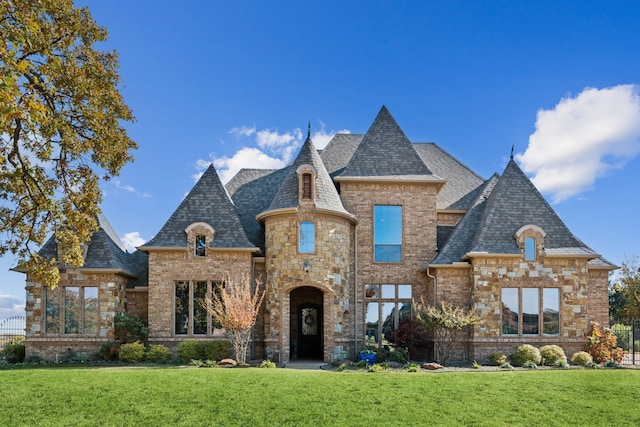 french provincial home featuring brick siding, a front lawn, and roof with shingles