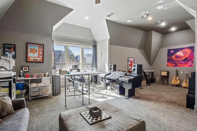 carpeted living room featuring vaulted ceiling