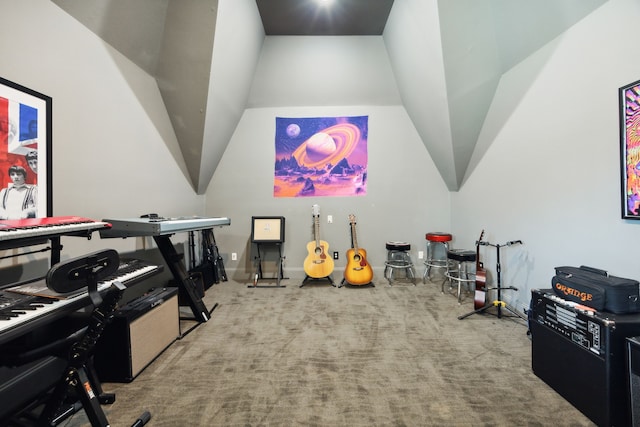 game room featuring carpet floors and lofted ceiling