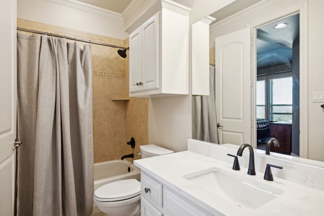 full bathroom featuring ornamental molding, vanity, toilet, and shower / bath combo with shower curtain