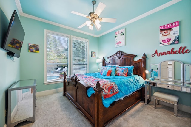 bedroom with light carpet, ceiling fan, and ornamental molding