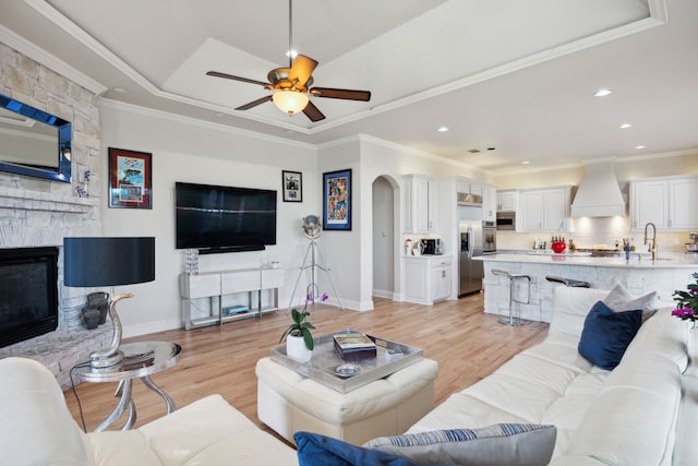 living room featuring a tray ceiling, light hardwood / wood-style floors, and ornamental molding