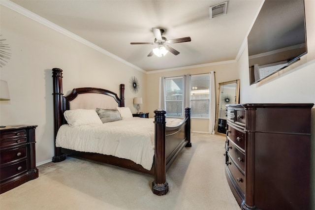 bedroom featuring light colored carpet, ceiling fan, and ornamental molding