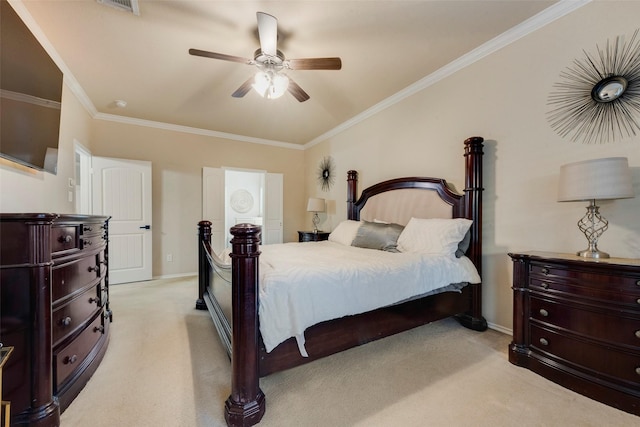 bedroom featuring light carpet, ceiling fan, and ornamental molding