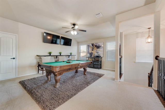 recreation room with ceiling fan, carpet floors, and pool table