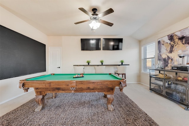 playroom with carpet floors, billiards, and vaulted ceiling