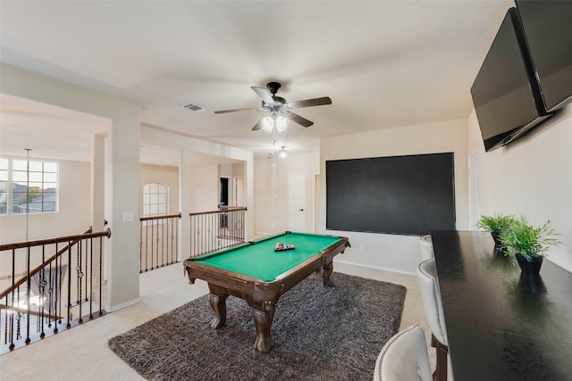 playroom with light carpet, ceiling fan, and billiards