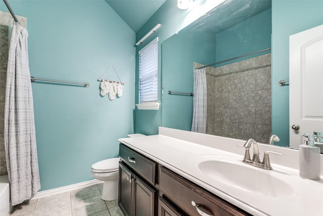 full bathroom featuring lofted ceiling, tile patterned flooring, vanity, toilet, and shower / bath combo