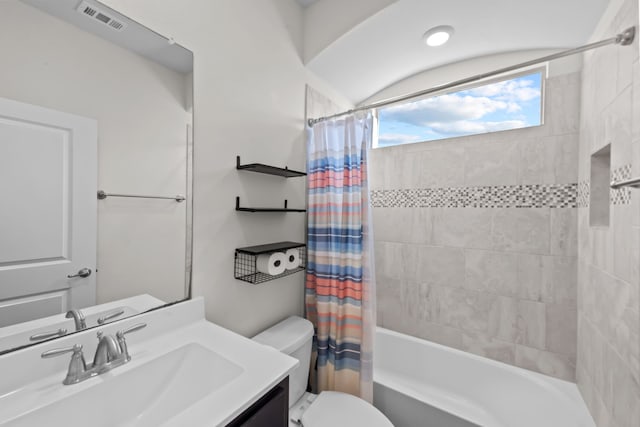 full bathroom with vanity, toilet, and shower / bathtub combination with curtain