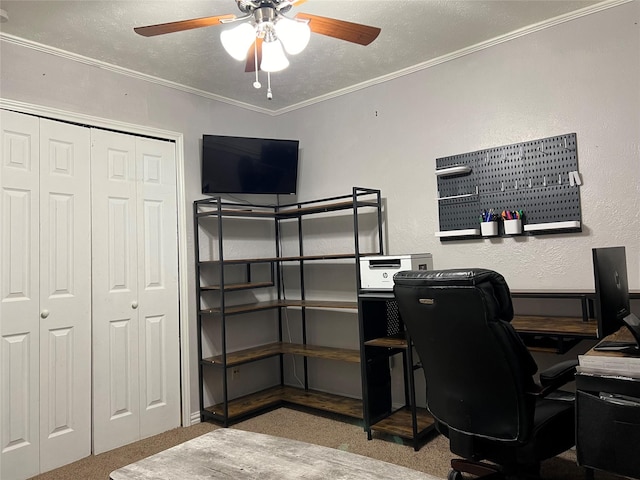 carpeted home office featuring crown molding, ceiling fan, and a textured ceiling