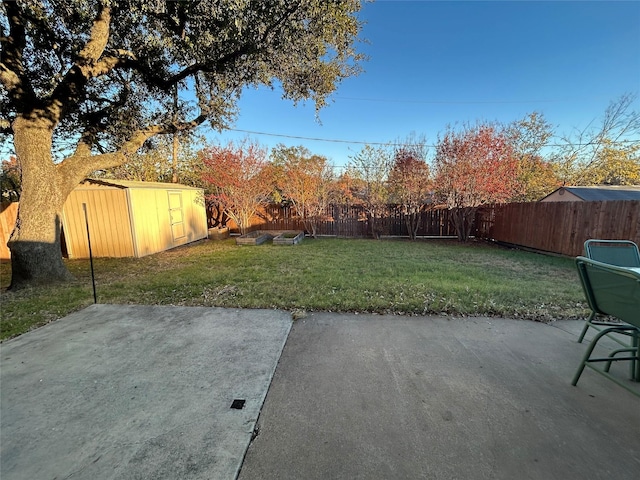 view of yard with a shed and a patio area