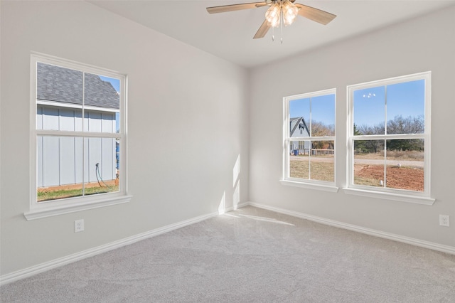 carpeted spare room with ceiling fan and a wealth of natural light