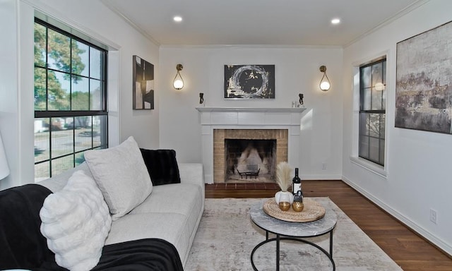 living room with dark hardwood / wood-style flooring, crown molding, and a fireplace