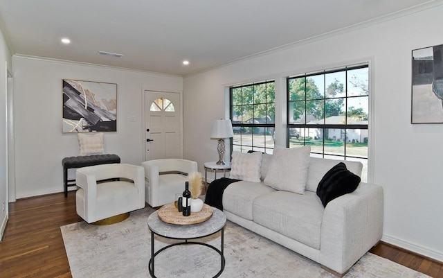 living room with crown molding and dark wood-type flooring