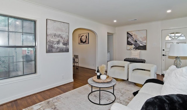 living room featuring crown molding and dark wood-type flooring