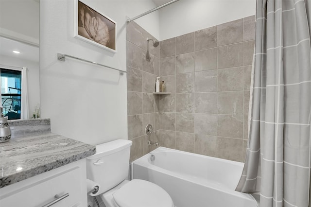 full bathroom with vanity, toilet, and shower / bathtub combination with curtain