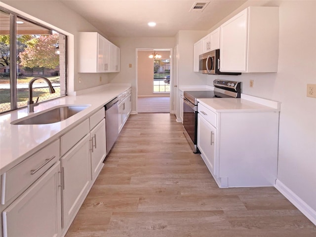 kitchen with sink, white cabinets, light hardwood / wood-style flooring, and appliances with stainless steel finishes