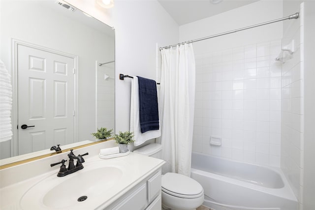 full bathroom with vanity, shower / bathtub combination with curtain, and toilet