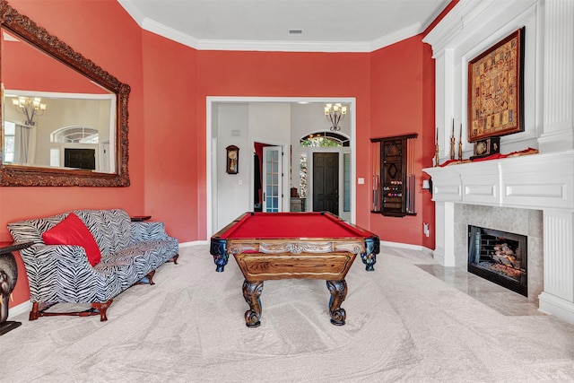 playroom featuring light colored carpet, ornamental molding, and pool table