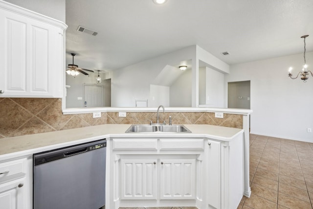 kitchen featuring white cabinetry, dishwasher, sink, and kitchen peninsula