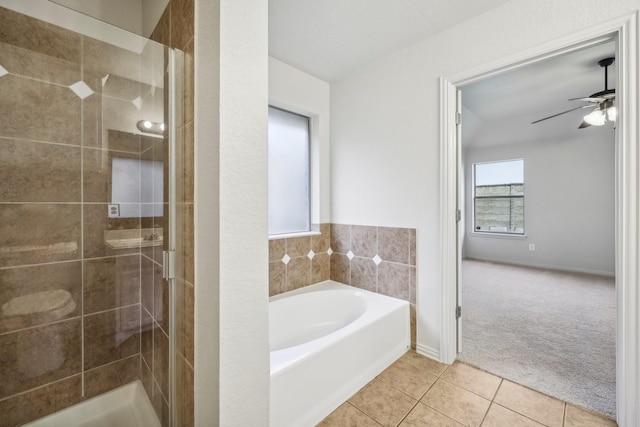 bathroom featuring ceiling fan, tile patterned floors, and separate shower and tub