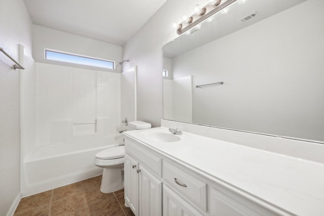 full bathroom featuring shower / washtub combination, vanity, tile patterned floors, and toilet