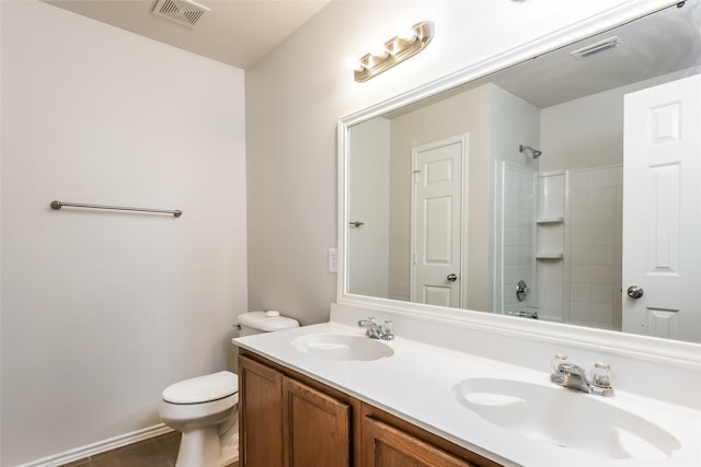 full bathroom featuring shower / tub combination, tile patterned flooring, vanity, and toilet