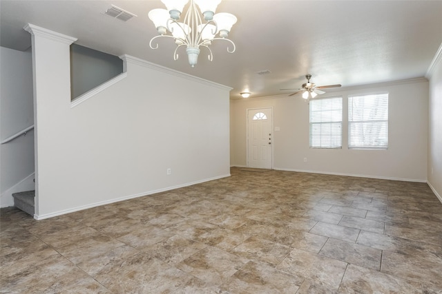 unfurnished living room with ceiling fan with notable chandelier and crown molding