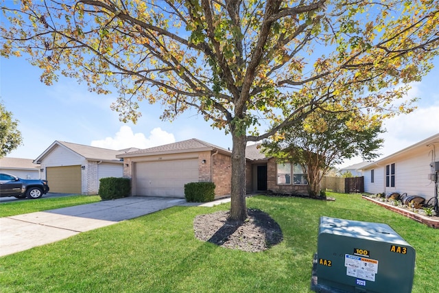 single story home with a garage and a front yard