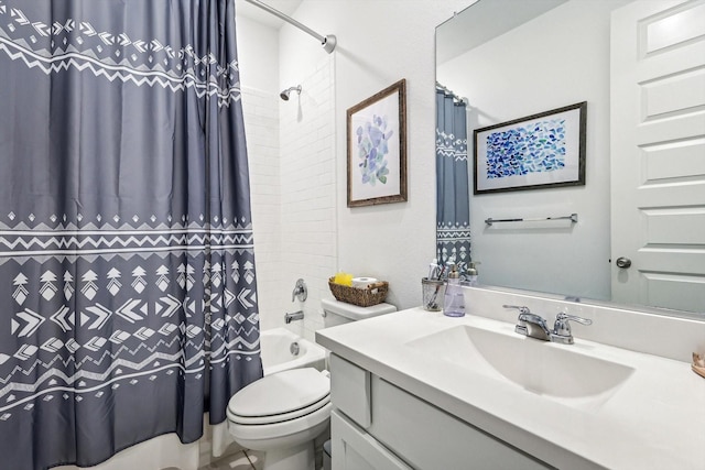 full bathroom featuring vanity, shower / bath combination with curtain, and toilet